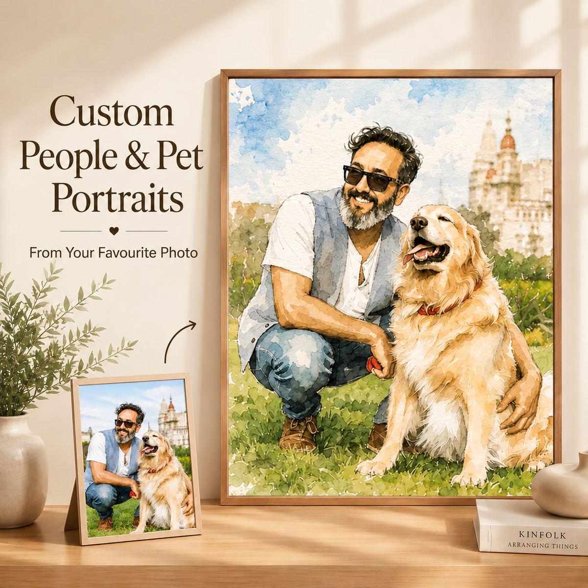 Custom People & Pet Watercolor Portrait from Photo | Personalized Portrait Gift