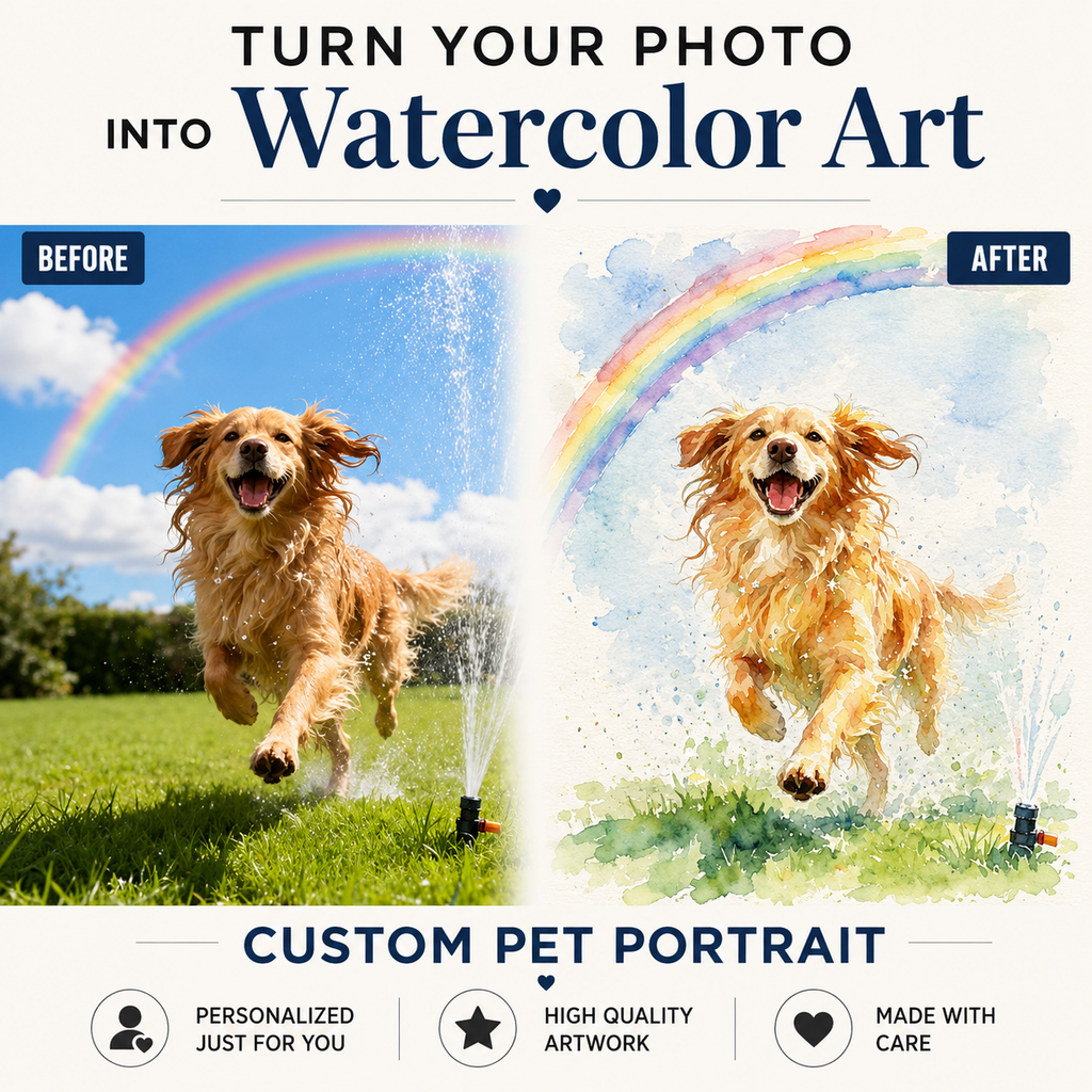Custom Watercolor Pet Portrait from Photo – Personalized Dog or Cat Portrait, Pet Memorial Gift