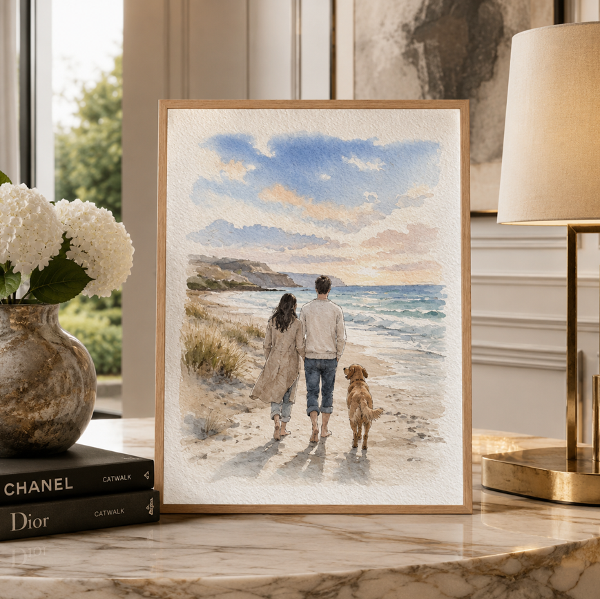 Custom People & Pet Watercolor Portrait from Photo | Personalized Hand-Painted Portrait with Pets | Meaningful Gift