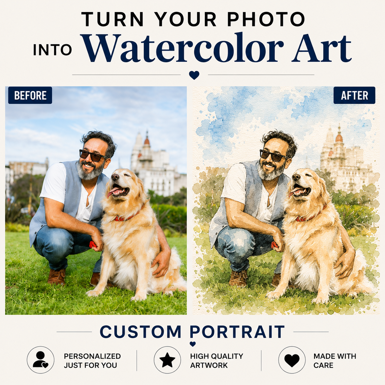 Custom People & Pet Watercolor Portrait from Photo | Personalized Hand-Painted Portrait with Pets | Meaningful Gift