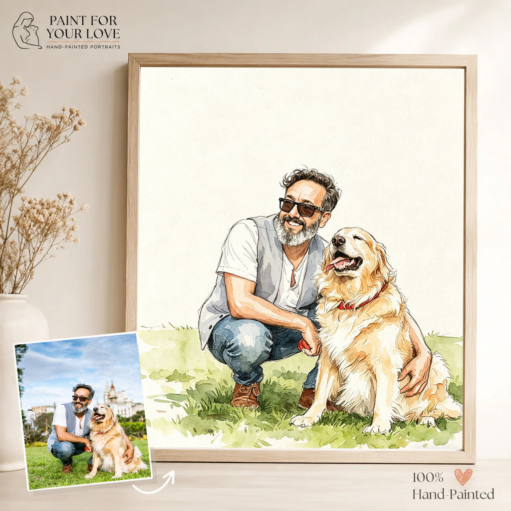 Custom People & Pet Watercolor Portrait from Photo | Personalized Portrait Gift