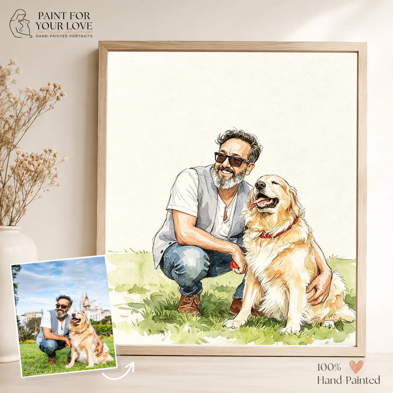 Custom People & Pet Watercolor Portrait from Photo | Personalized Portrait Gift